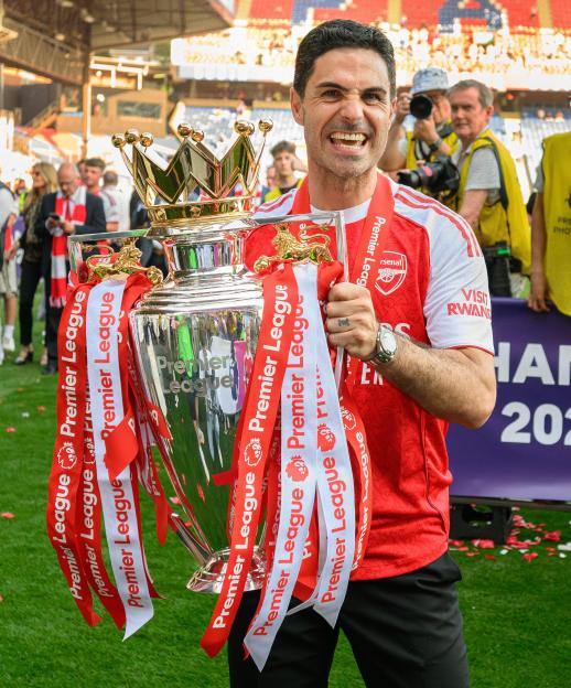 London, UK. 24th May, 2026. Crystal Palace v Arsenal - Premier League - Selhurst Park - London. Arsenal Manager Mikel Arteta celebrates with the Premier League trophy. Picture Credit: Mark Pain/Alamy Live News