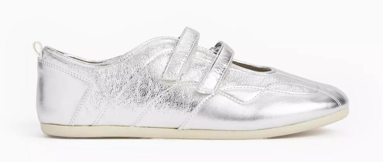 Silver mary jane flats with two hook and loop straps.