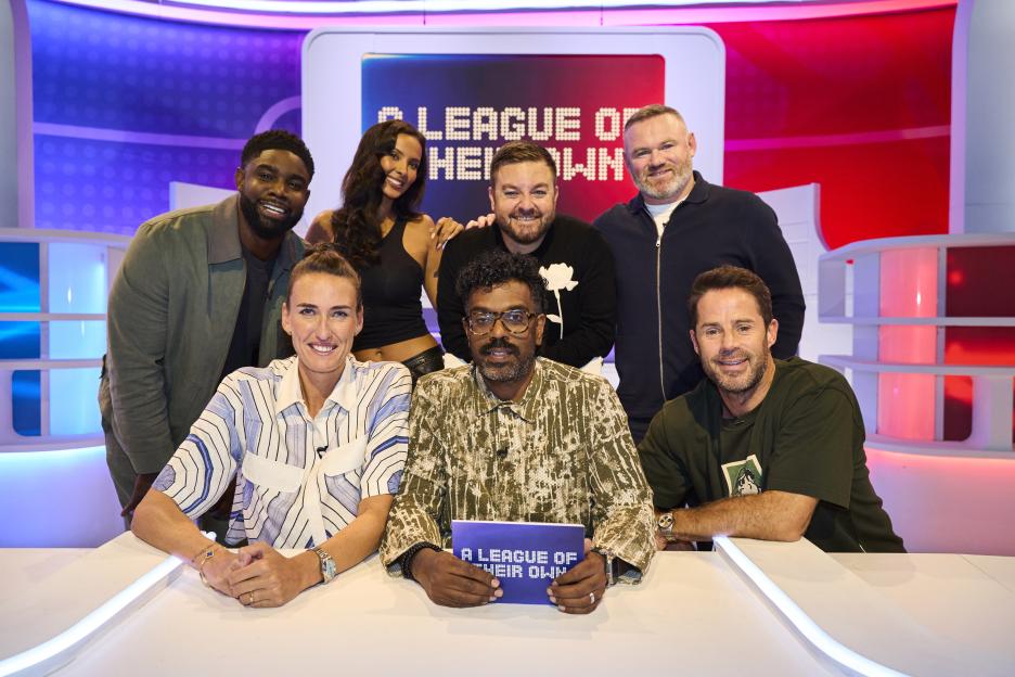 Micah Richards, Jill Scott, Maya Jama, Alex Brooker, Romesh Ranganathan, Wayne Rooney and Jamie Redknapp pose on the set of A League Of Their Own - Season 20.