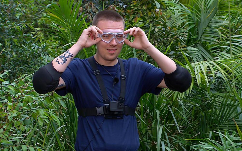 Aitch wearing goggles and a chest-mounted camera for a Bushtucker Trial on "I'm a Celebrity... Get Me Out of Here!"