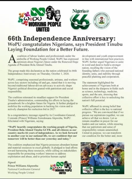 66th Independence Anniversary: WoPU congratulates Nigerians, says President Tinubu laying foundation for better future