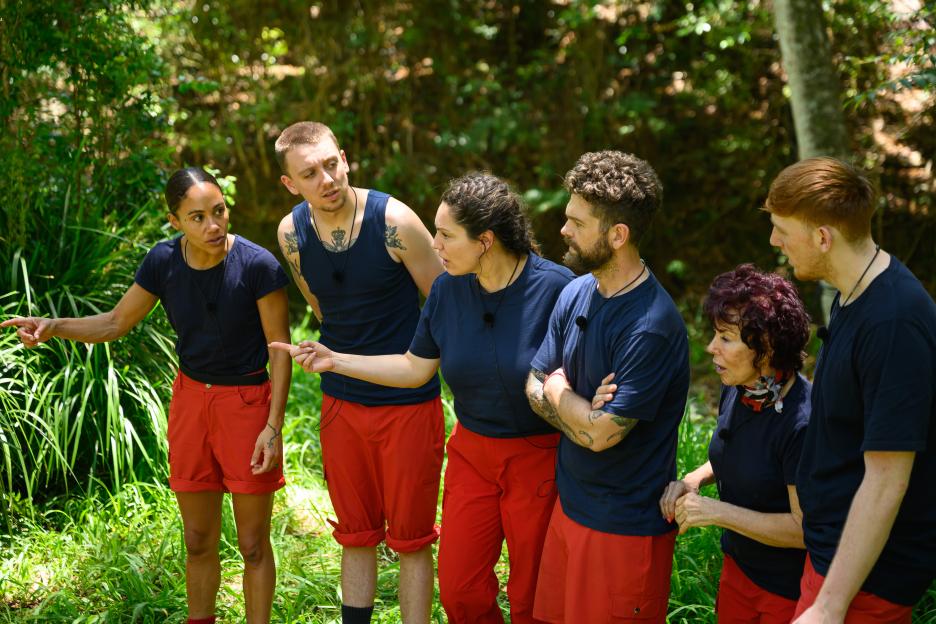 Alex Scott, Aitch, Kelly Brook, Jack Osbourne, Ruby Wax, and Angry Ginge in "The Cave" challenge on "I'm a Celebrity... Get Me Out of Here!"