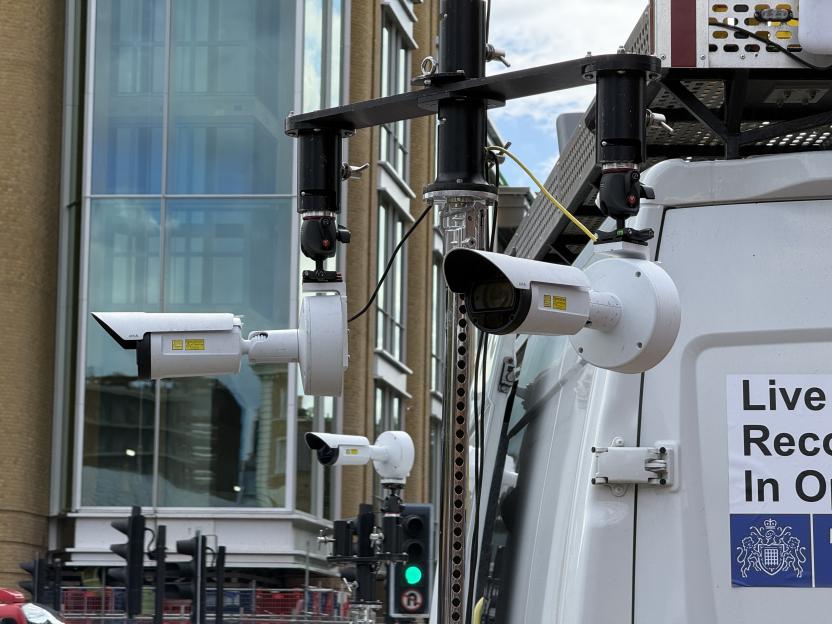 Security cameras mounted on a van, used to monitor protestors at Kings Cross Station.