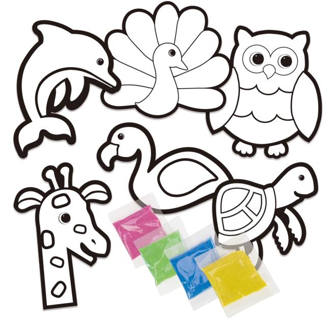 Illustration of animal sand sticker crafts with four bags of colored sand.