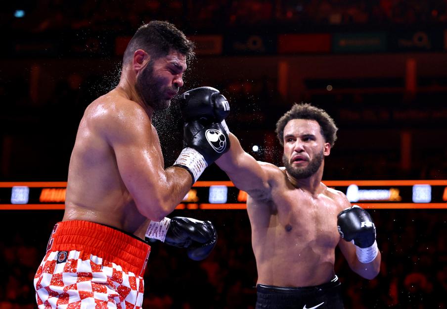 Moses Itauma landing a punch on Filip Hrgovic during their IBF World Heavyweight Title boxing match.