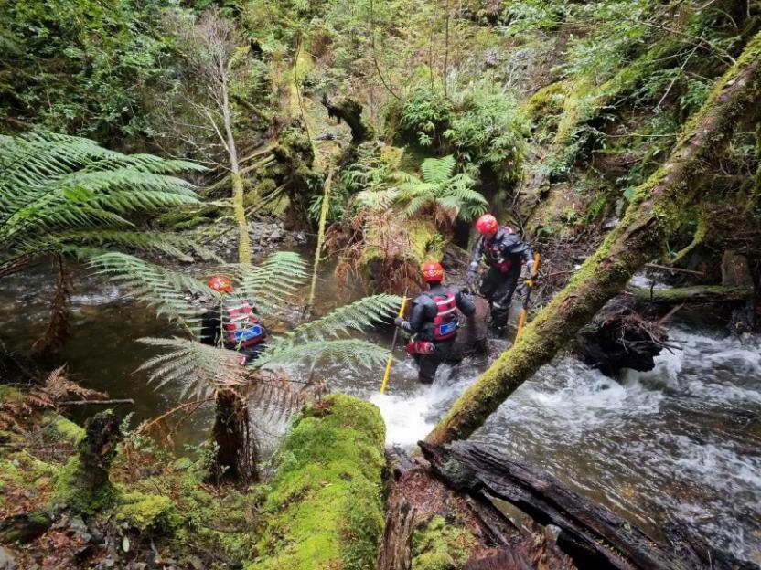 Three people in wetsuits and red helmets navigating a rocky, forested stream.