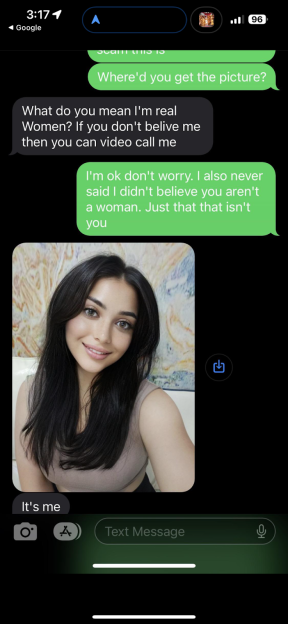 A screenshot of a text message conversation, depicting a scammer trying to prove their identity by sending a photo and stating "It's me".