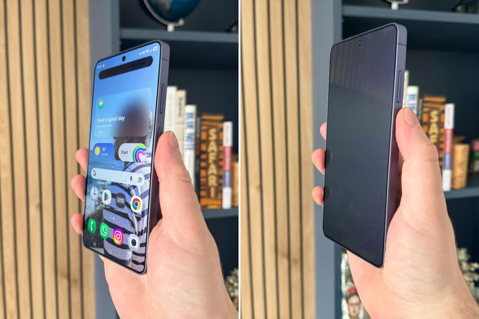 An image collage containing 2 images, Image 1 shows Hand holding a smartphone displaying the home screen with various app icons, time, weather, and a "Have a good day" message, Image 2 shows A person holding a purple smartphone