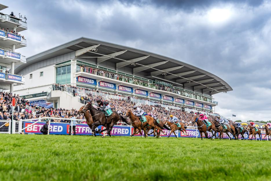 Epsom Derby horse race with several horses and jockeys galloping past crowded stands.