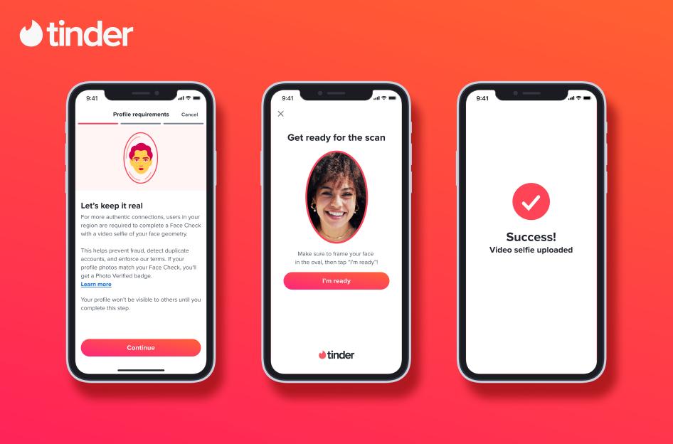 Collage of three phone screens showing the Tinder Face Check process.