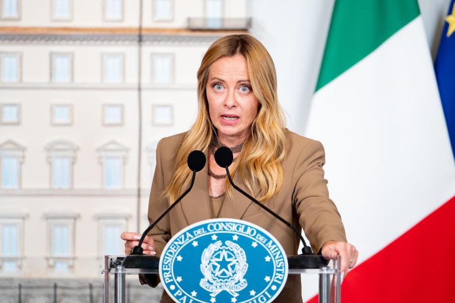 Italian Prime Minister Giorgia Meloni at a press conference.