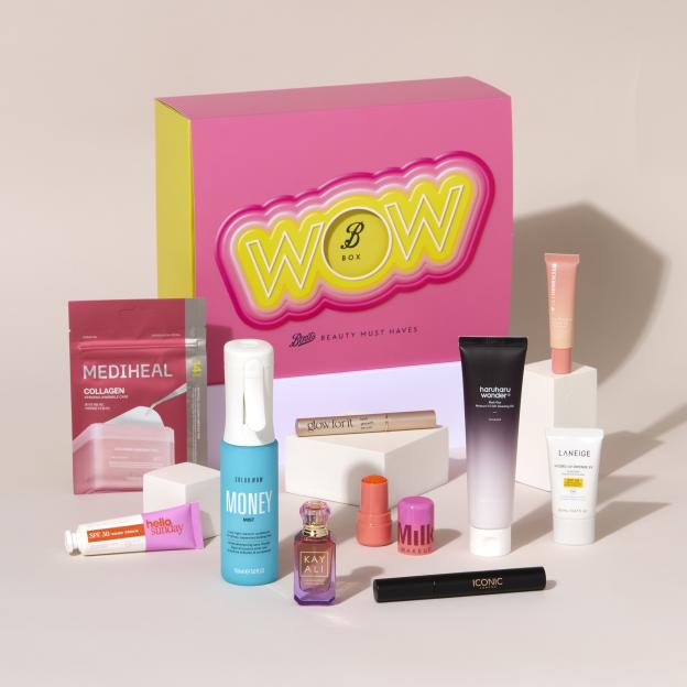 A Boots Beauty Box full of trending beauty products including makeup, skincare, and hair products.