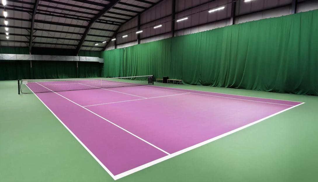 Indoor tennis court with a purple playing area and green sidelines.