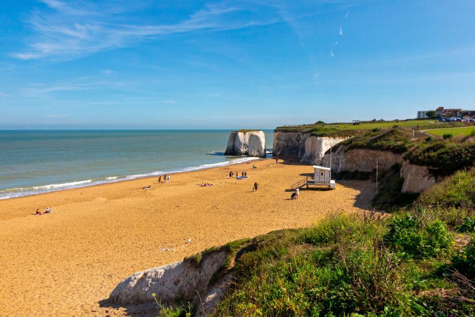 Chalk cliffs and sea stacks on the beach at Botany Bay near Broadstairs, UK.