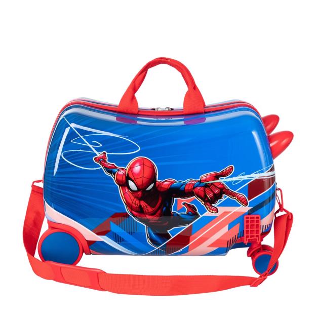 A blue Spider-Man wheelie suitcase with red straps and handles.