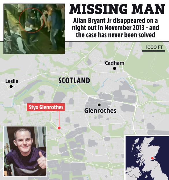Map showing the location of missing person Allan Bryant Jr. in Glenrothes, Scotland, along with his photo and CCTV image.