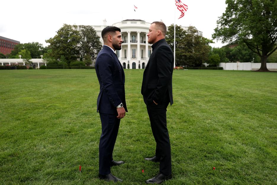 Ilia Topuria and Justin Gaethje face off on the South Lawn in front of the White House.