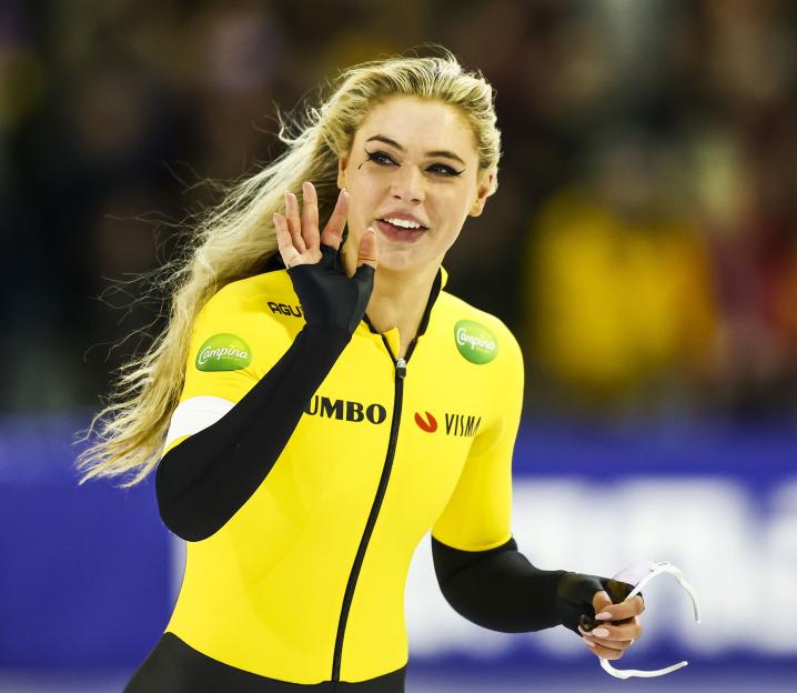 Jutta Leerdam reacting after the 500 meters during the first day of the NK Sprint.