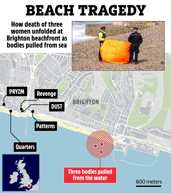 Collage of a photo of two police officers and a map of Brighton showing locations of bodies pulled from the water.