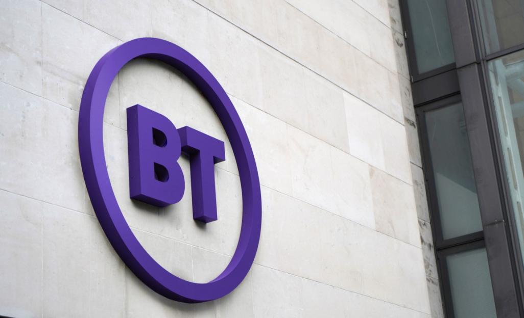 BT logo on a building wall.