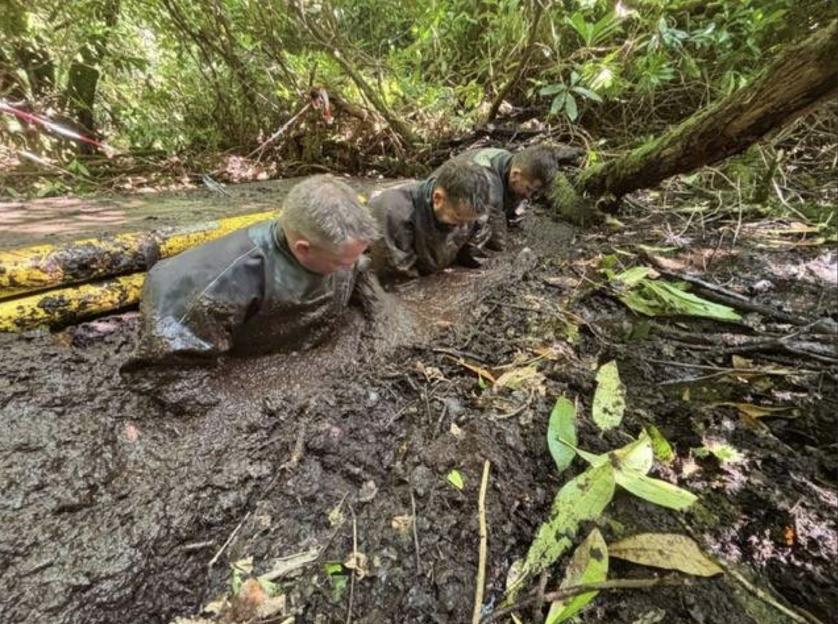 Police search team crawling through a muddy area in a forest.