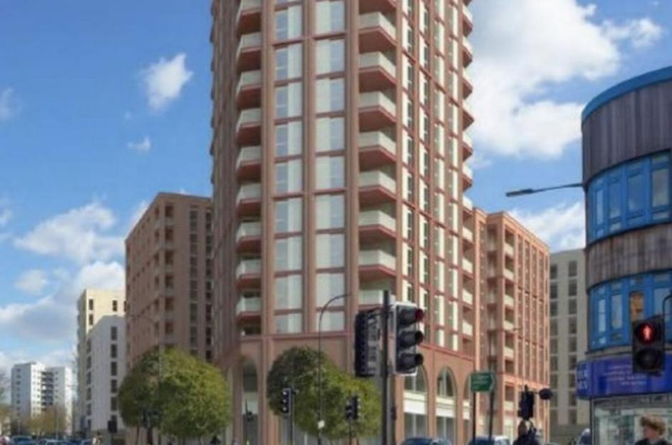 Illustration of a new tall apartment building with balconies, surrounded by other buildings and traffic lights.