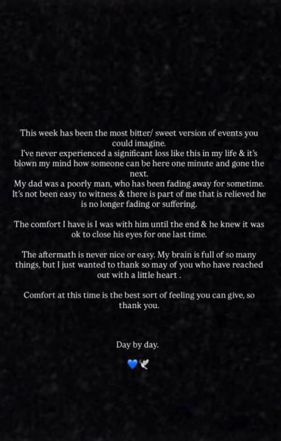 A screenshot of a post by Charlie King about his father's passing, with text that begins, "This week has been the most bitter/sweet version of events you could imagine."