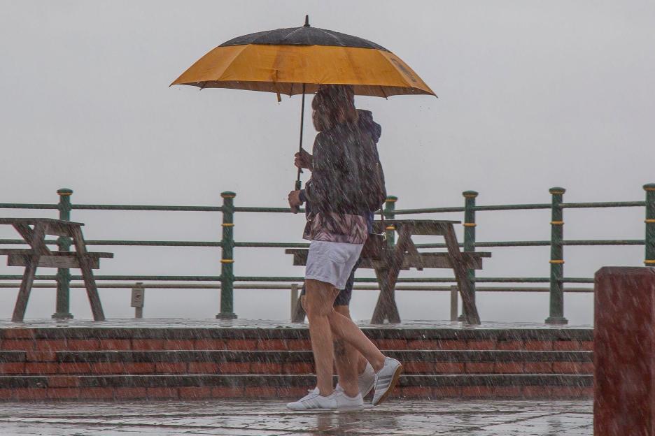 Tywyn, UK. 29th August, 2026. UK weather: storm showers hit Tywyn on the Welsh coast after weeks of glorious sunshine. Credit: Lee Hudson/Alamy Live News