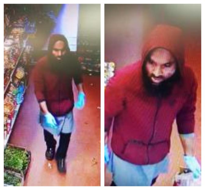 Collage of two images of a suspect in a red hoodie and light blue gloves, wearing an apron.