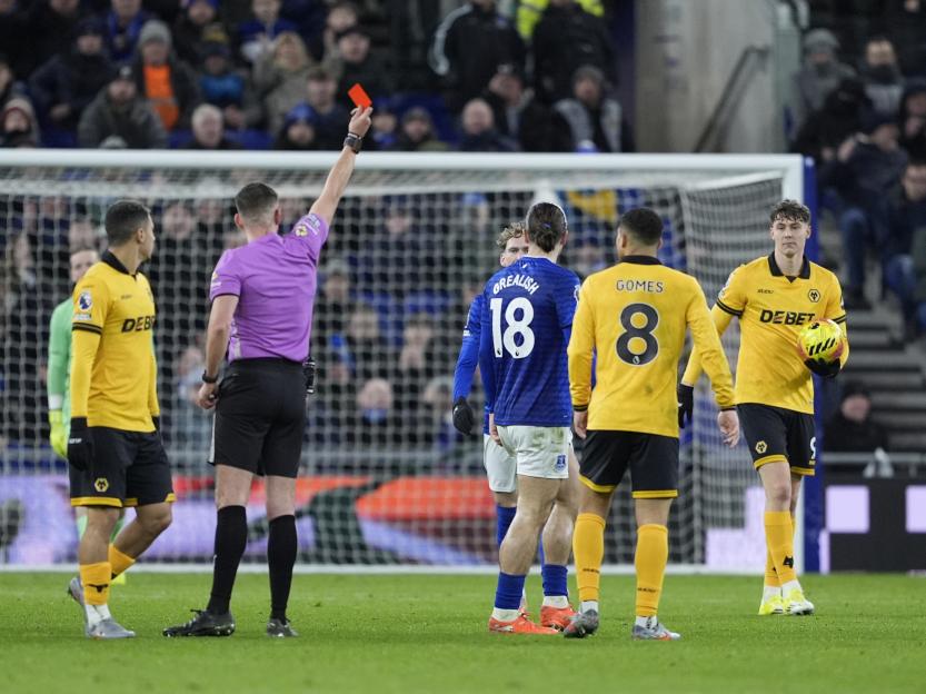 Everton 1 Wolves 1: Chaos Unleashed as Toffees Receive Two Red Cards, Grealish Sent Off for Dissent After Keane's Wild Outburst