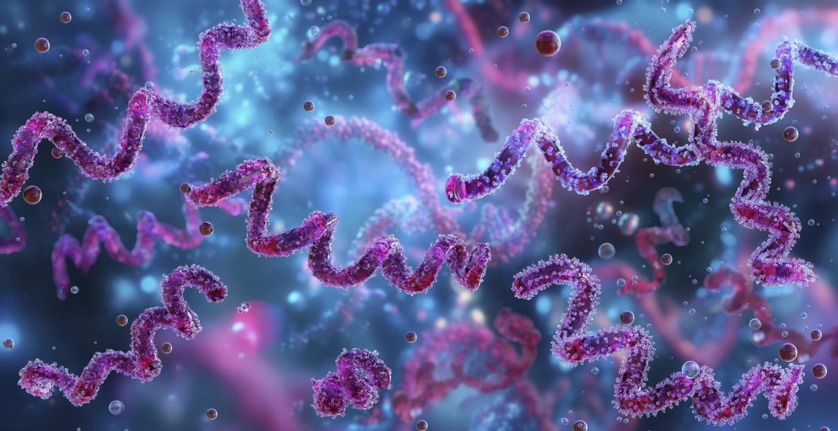 Illustration of Treponema pallidum, the bacterium that causes syphilis, as a purple spiraling form with a textured surface, against a background of blue and pink lights and circular particles.