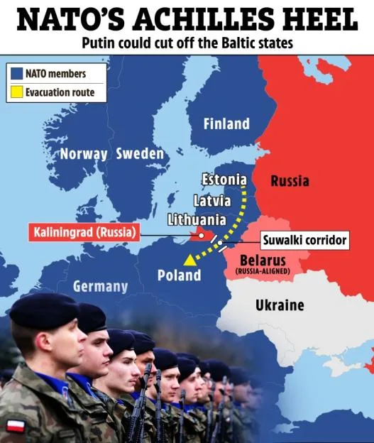 Collage of a map showing Russia's proximity to NATO members Estonia, Latvia, and Lithuania, with an evacuation route through the Suwalki corridor, and a photo of soldiers.