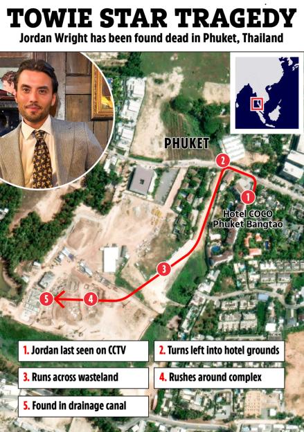 Collage of a headshot of Jordan Wright and a satellite map showing his last known movements in Phuket, Thailand.