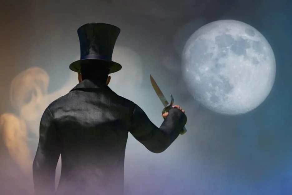 Illustration of Jack the Ripper holding a knife in old London under a full moon.