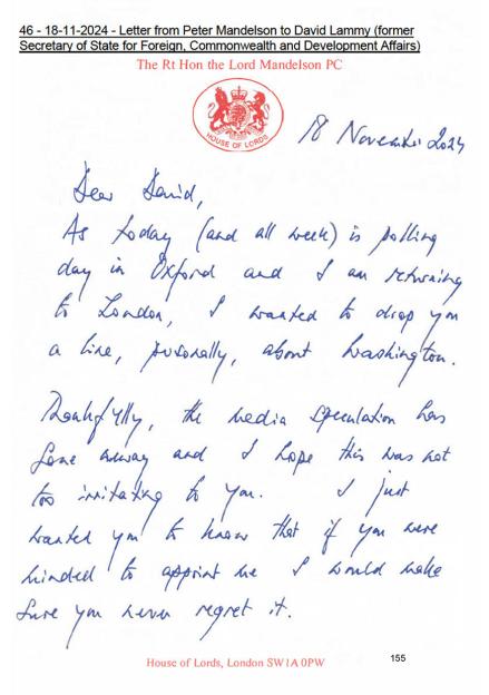 Handwritten letter from Lord Mandelson to David Lammy.