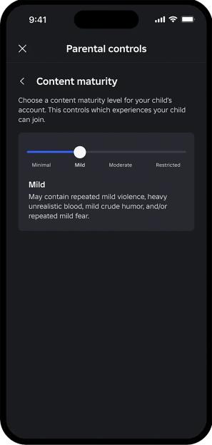 A phone screen showing "Parental controls" with a "Content maturity" slider set to "Mild," explaining it "May contain repeated mild violence, heavy unrealistic blood, mild crude humor, and/or repeated mild fear."