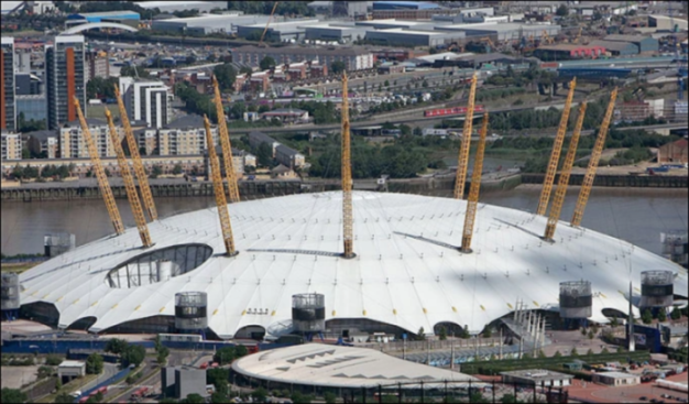 Aerial view of the O2 Arena (formerly Millennium Dome) and surrounding London cityscape.