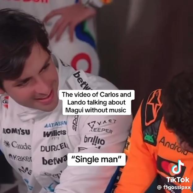 Carlos Sainz and Lando Norris, in racing suits, discuss Margarida Corceiro, with the text "Single man" overlaid.