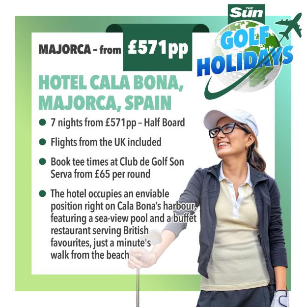 Illustration of a Majorca Golf Holiday advertisement with a female golfer and package details.