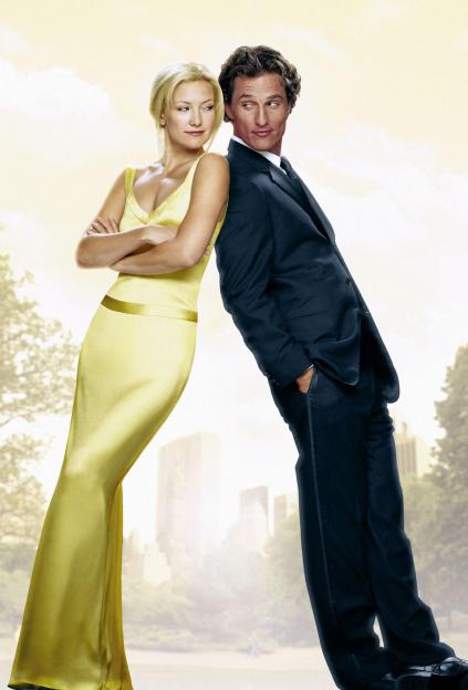 Movie poster for "How to Lose a Guy in 10 Days" with Kate Hudson in a yellow dress and Matthew McConaughey in a suit, leaning back-to-back.