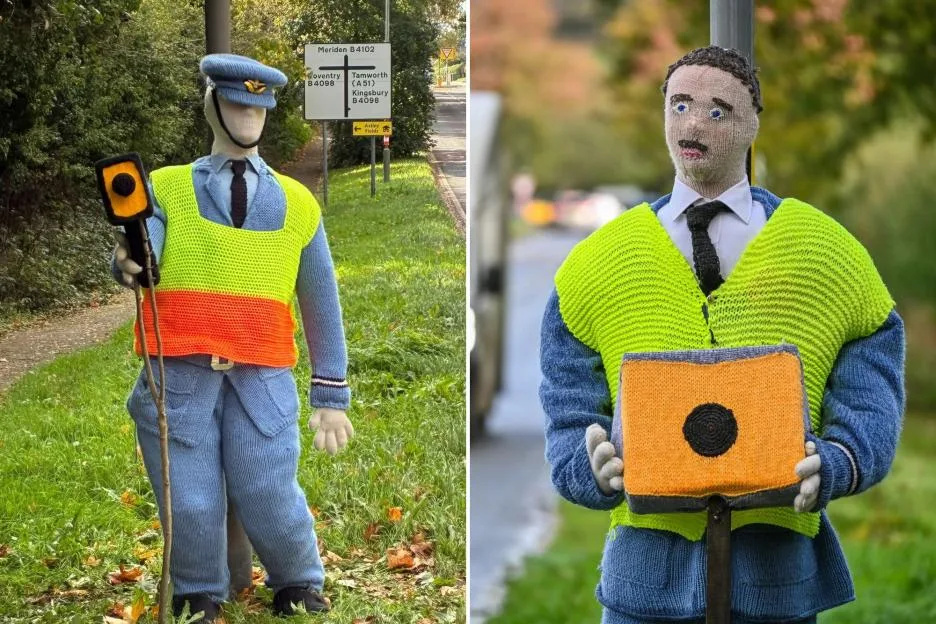 Frustrated locals make life-size knitted traffic officers in bid to catch out reckless drivers speeding through village