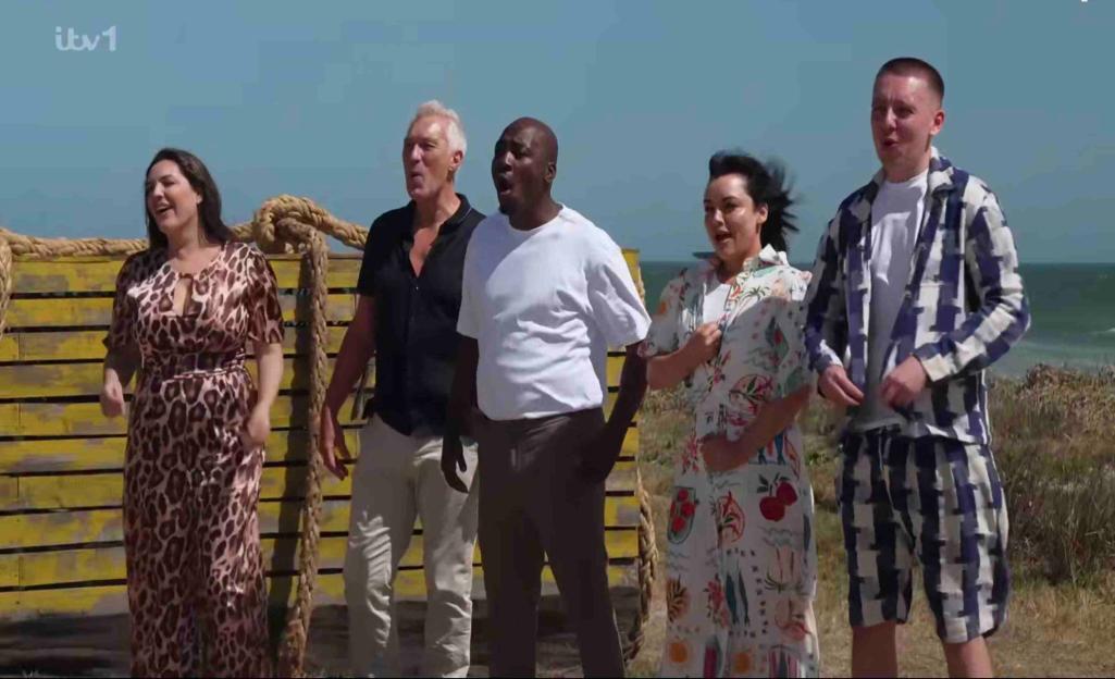 Martin Kemp, Kelly Brook, Eddie Kadi, Aitch and Shona McGarty participate in a challenge on I'm a Celebrity... Get Me Out of Here!