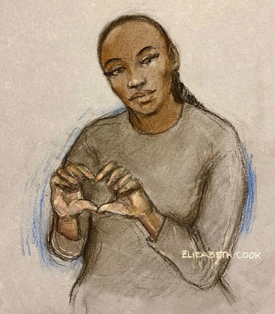 Illustration of Gabrielle Carrington making a heart shape with her hands.
