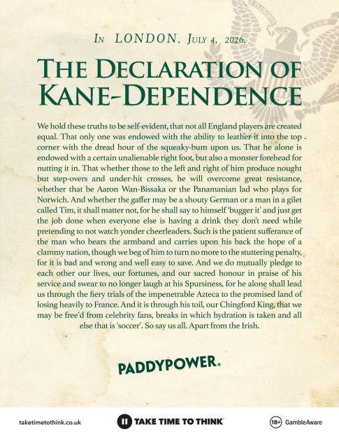 Paddy Power Unveils 'Declaration of Kane-dependence' on July 4 as England Backs Their Three Lions Star