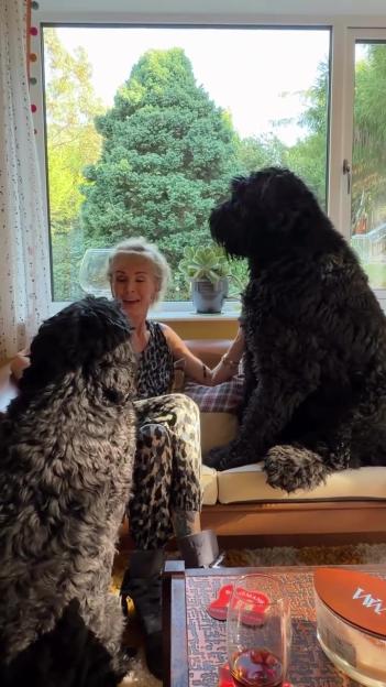 Beverley Callard sitting between her two black dogs, one on her lap and one next to her.