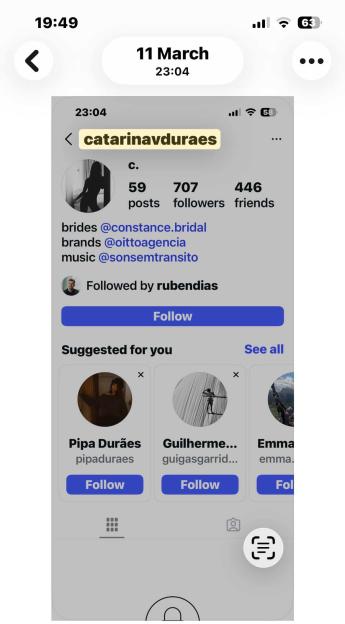 A phone screenshot showing the Instagram profile of 'catarinavduraes' with a message indicating it's "Followed by rubendias".