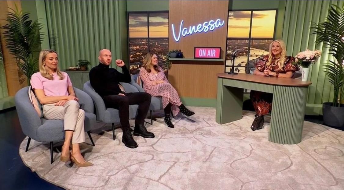 Vanessa Feltz on a TV show with three guests.