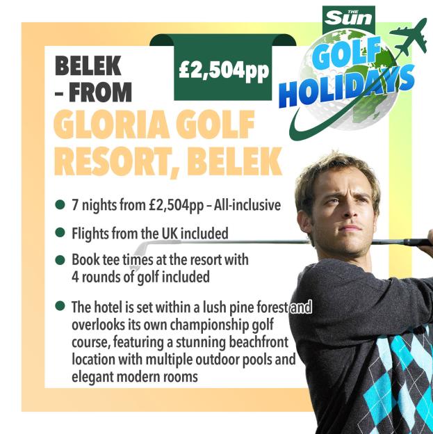 Advertisement for Belek Golf Holidays from Gloria Golf Resort, Belek, with a golfer in the foreground.