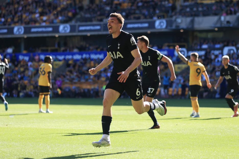Joao Palhinha of Tottenham Hotspur celebrates scoring a goal.