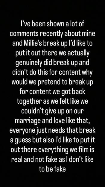 Text on a black background from Millie Radford's husband refuting claims their split was a publicity stunt.